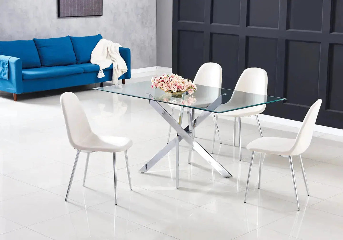 Table à manger argentée verre trempé et acier | Koda