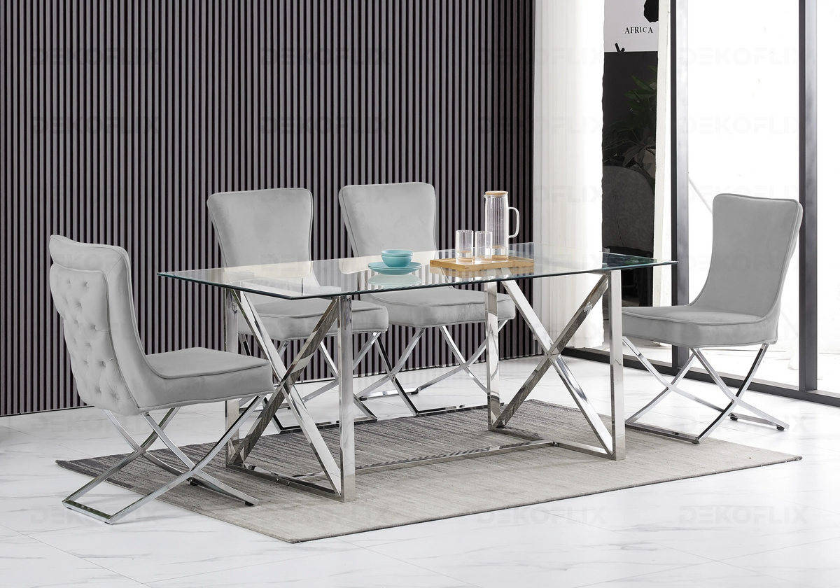 Table verre et 4 chaises en gris argent | Nexa