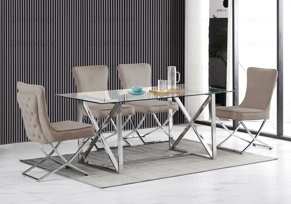 Ensemble table verre et 4 chaises taupe | Nexa