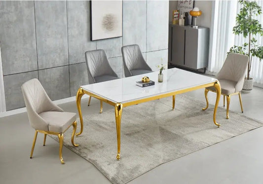 Table à manger céramique marbre blanc et pieds dorés | Zelix