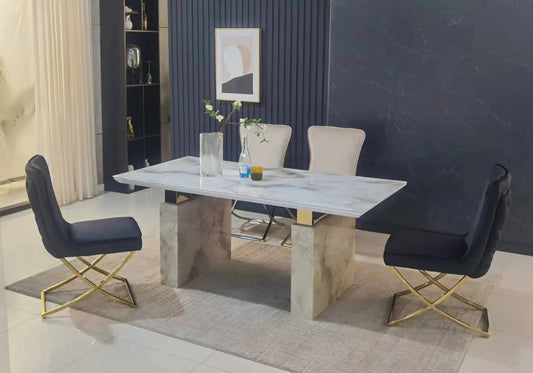 Table à manger design marbre beige et pieds dorés | Valo