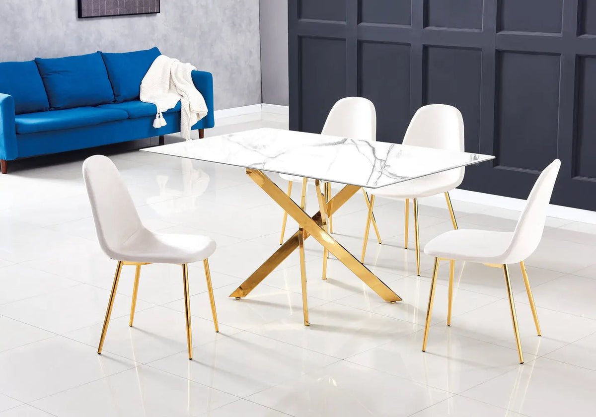 Table à manger effet marbre blanc et pieds dorés | Koda