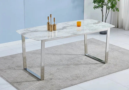 Table à manger moderne marbre beige et argent | Kora