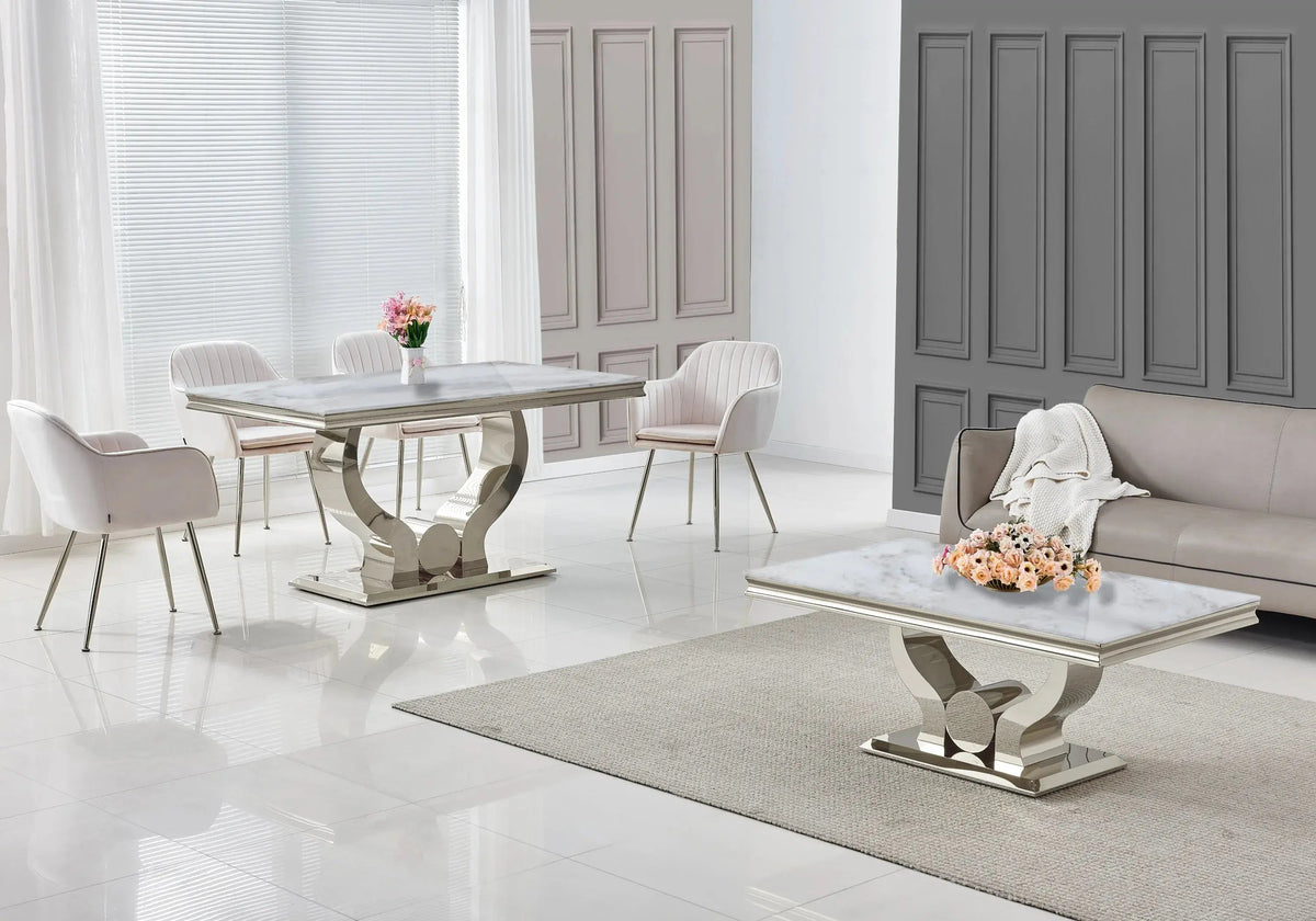 Table à manger marbre beige et piétement argenté | Juno