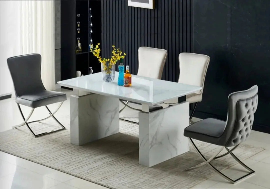 Table à manger moderne finition marbre blanc | Valo