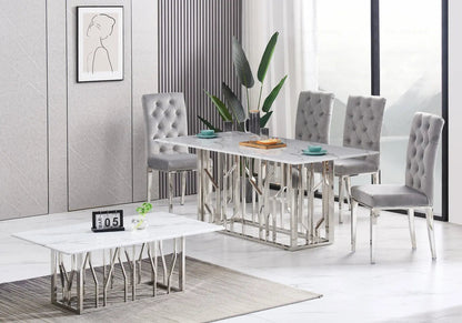 Table à manger moderne marbre blanc et argent | Lusor