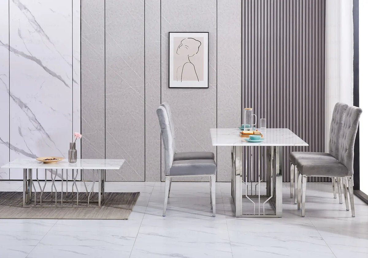 Table à manger moderne marbre blanc et argent | Lusor