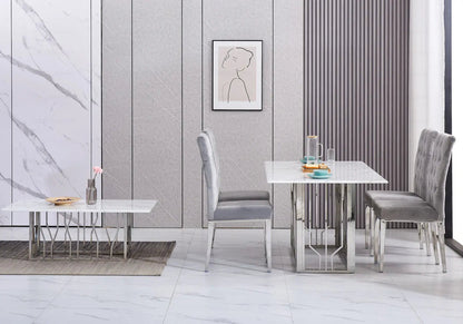 Table à manger moderne marbre blanc et argent | Lusor