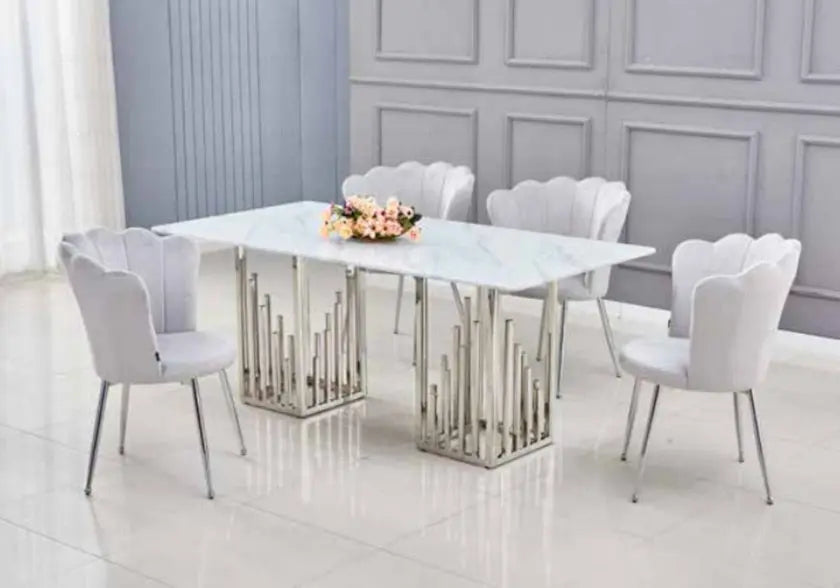 Table à manger effet marbre blanc et argent | Novix