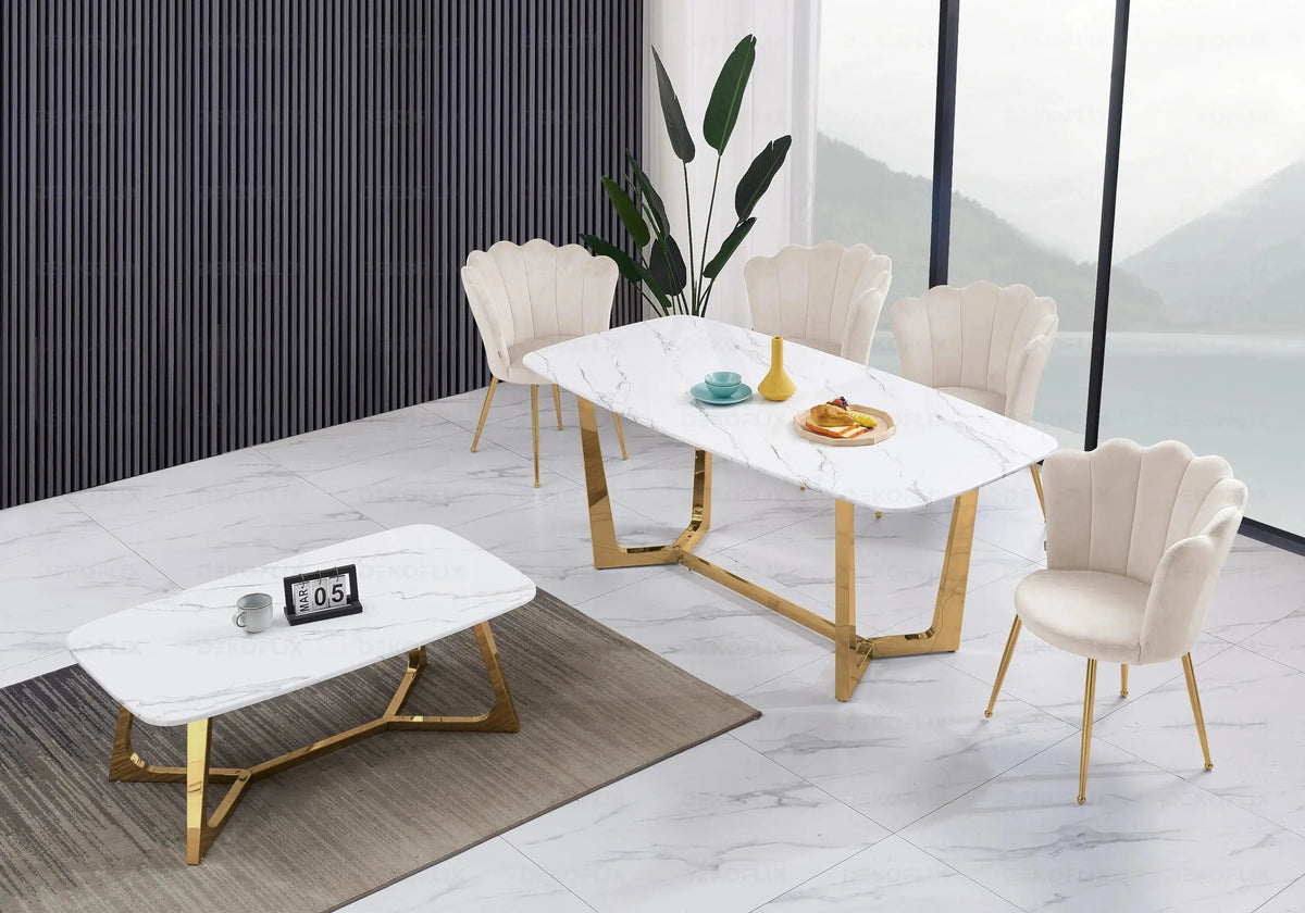 Table à manger design marbre blanc et acier doré | Vetra