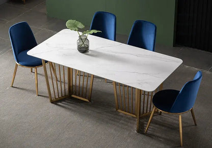 Table à manger verre effet marbre blanc et doré | Aven