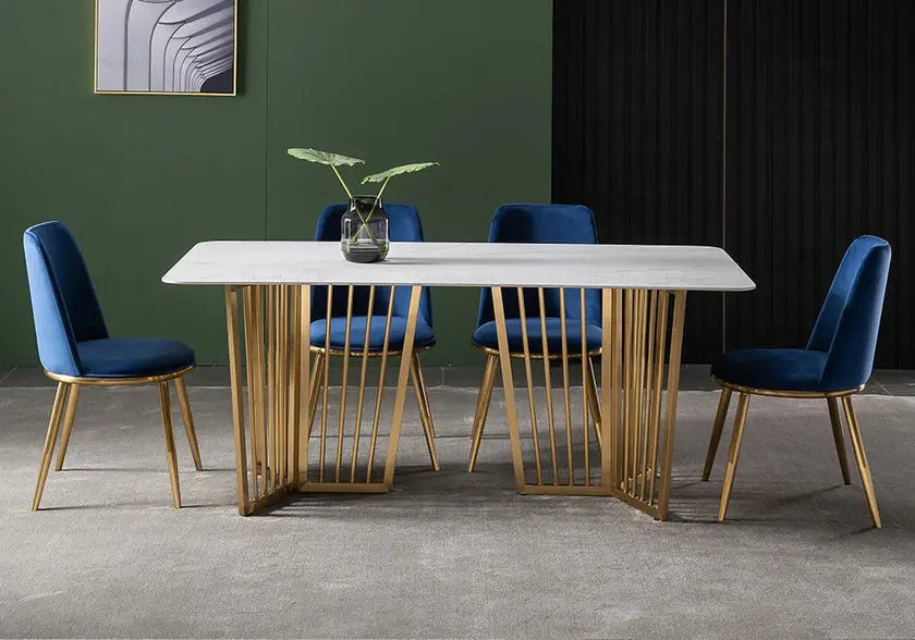 Table à manger verre effet marbre blanc et doré | Aven