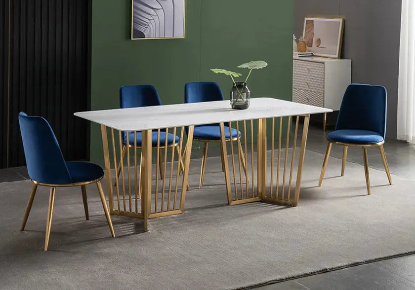 Table à manger verre effet marbre blanc et doré | Aven