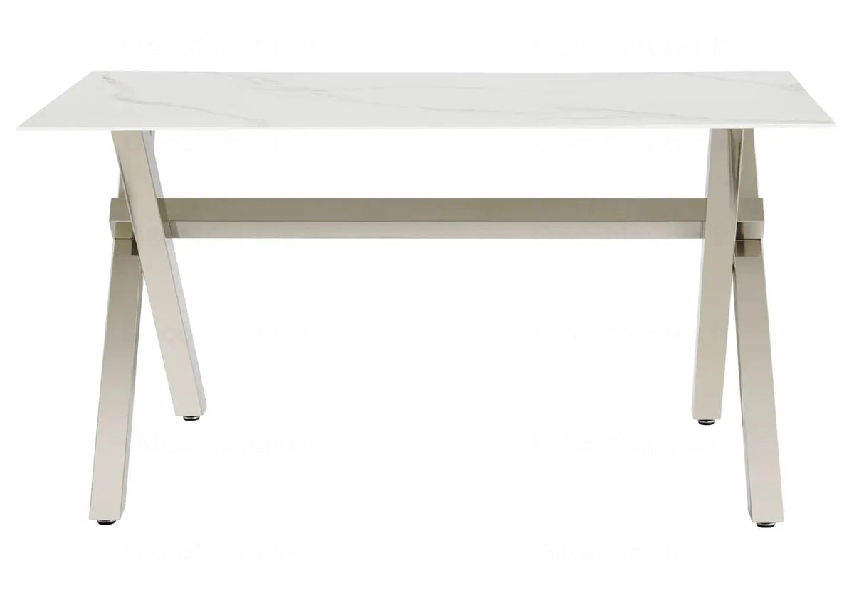 Table à manger marbre blanc et pieds en x argent | Zyro