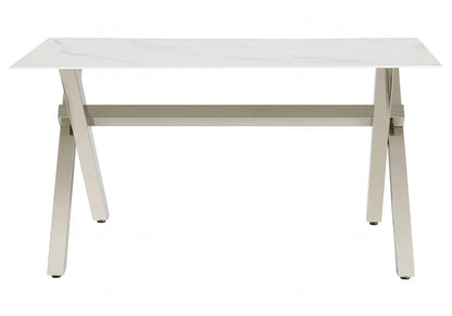 Table à manger marbre blanc et pieds en x argent | Zyro