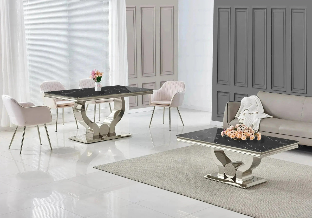 Table à manger marbre noir et acier argenté | Juno