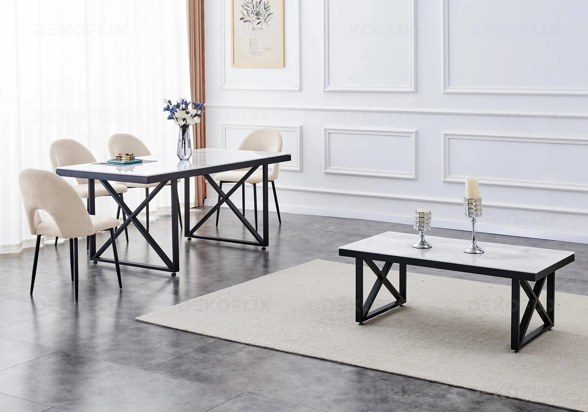 Table à manger moderne marbre blanc et métal noir | Zyra