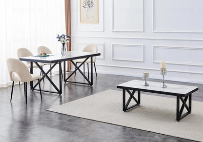 Table à manger moderne marbre blanc et métal noir | Zyra