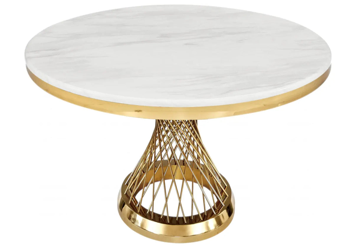 Table à manger ronde dorée finition marbre blanc | Cael