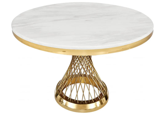 Table à manger ronde dorée finition marbre blanc | Cael