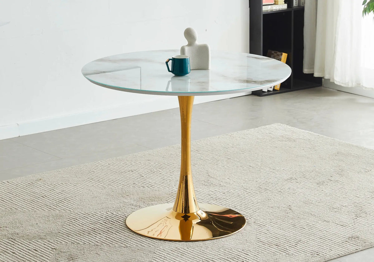 Table à manger ronde dorée et marbre blanc 1m | Zyra