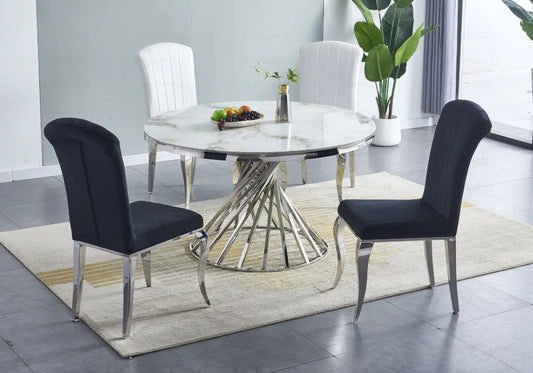 Table à manger ronde effet marbre beige et argent | Kroma
