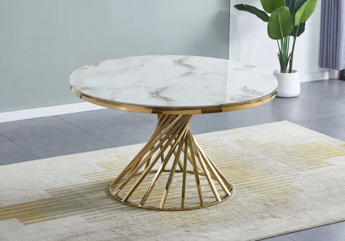 Table à manger ronde effet marbre beige et doré | Kroma