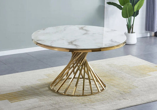 Table à manger ronde effet marbre beige et doré | Kroma