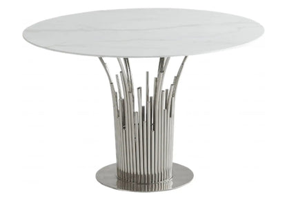 Table à manger ronde effet marbre blanc design | Zalys