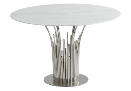 Table à manger ronde effet marbre blanc design | Zalys