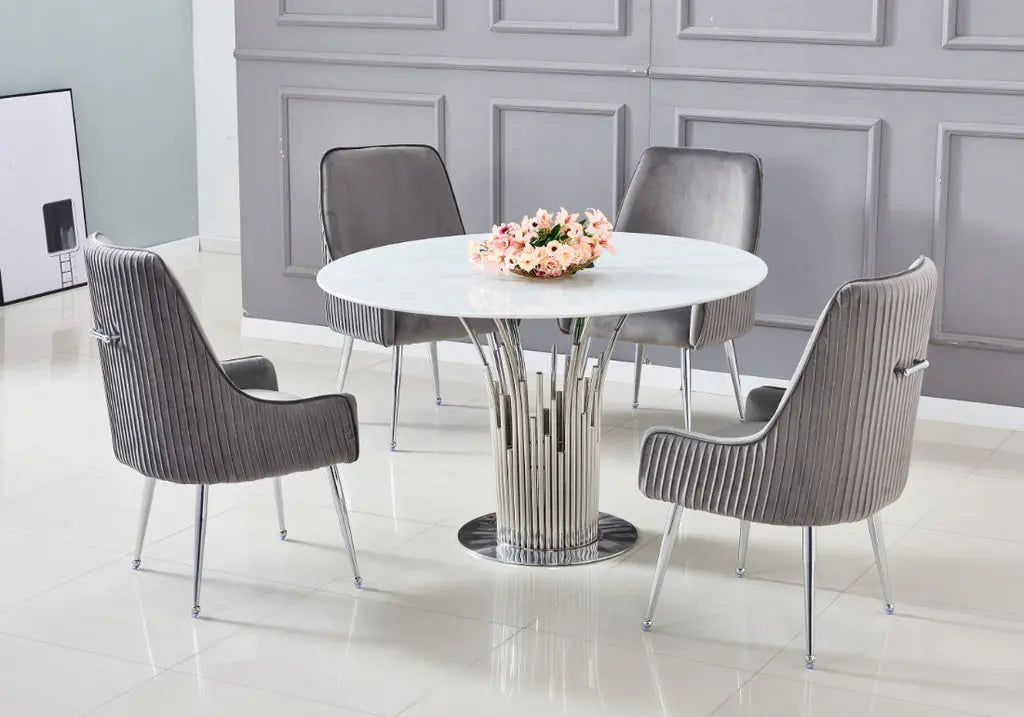 Table à manger ronde effet marbre blanc design | Zalys