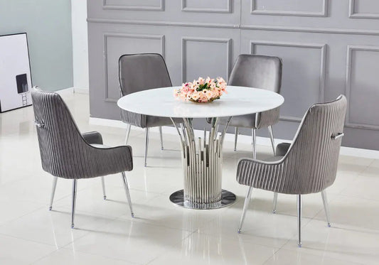 Table à manger ronde effet marbre blanc design | Zalys