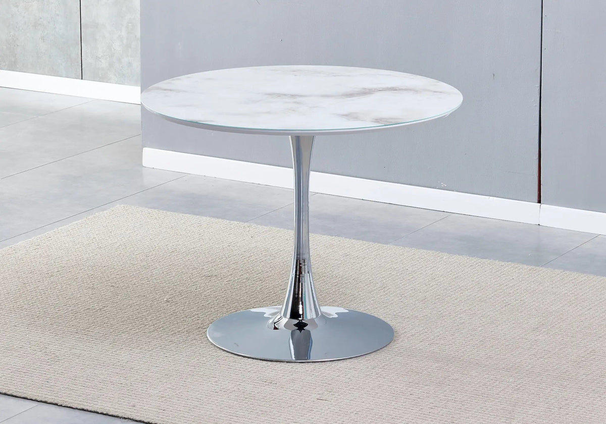 Table à manger ronde finition marbre blanc 1m | Zyra
