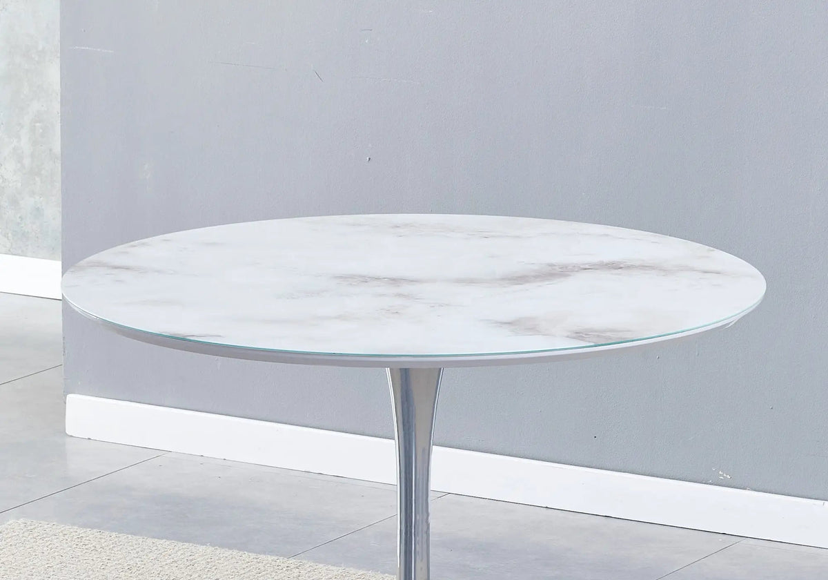 Table à manger ronde finition marbre blanc 1m | Zyra
