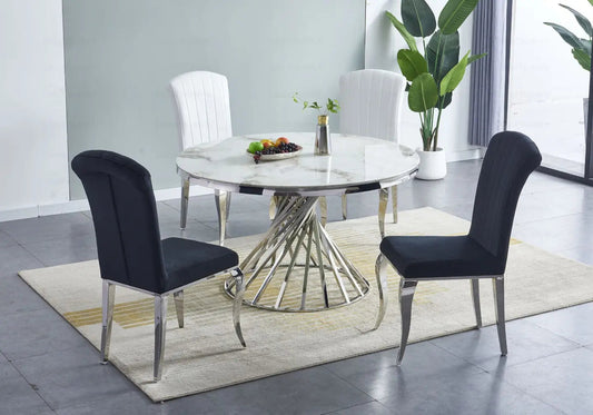 Table à manger ronde effet marbre beige et argent | Kroma