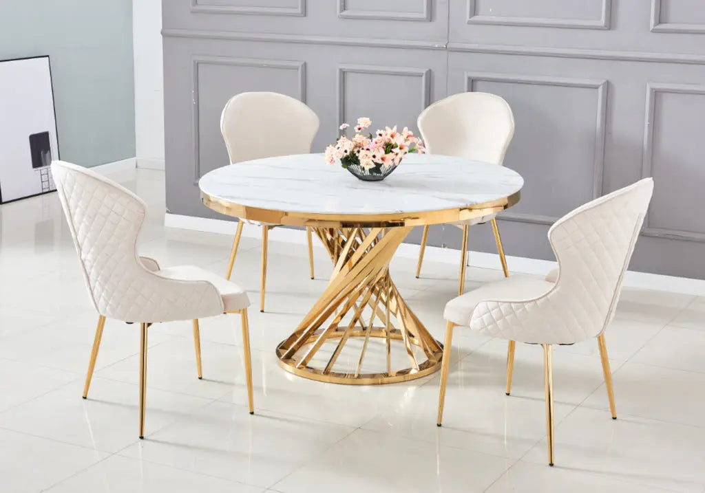 Table à manger ronde effet marbre blanc et doré | Kroma