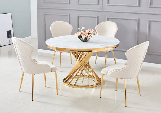 Table à manger ronde effet marbre blanc et doré | Kroma