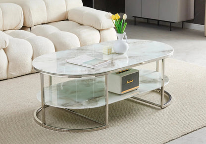 Table basse ovale marbre beige et métal argenté | Zyro