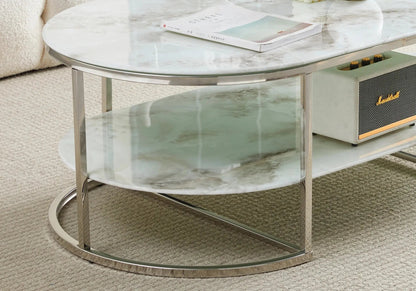 Table basse ovale marbre beige et métal argenté | Zyro