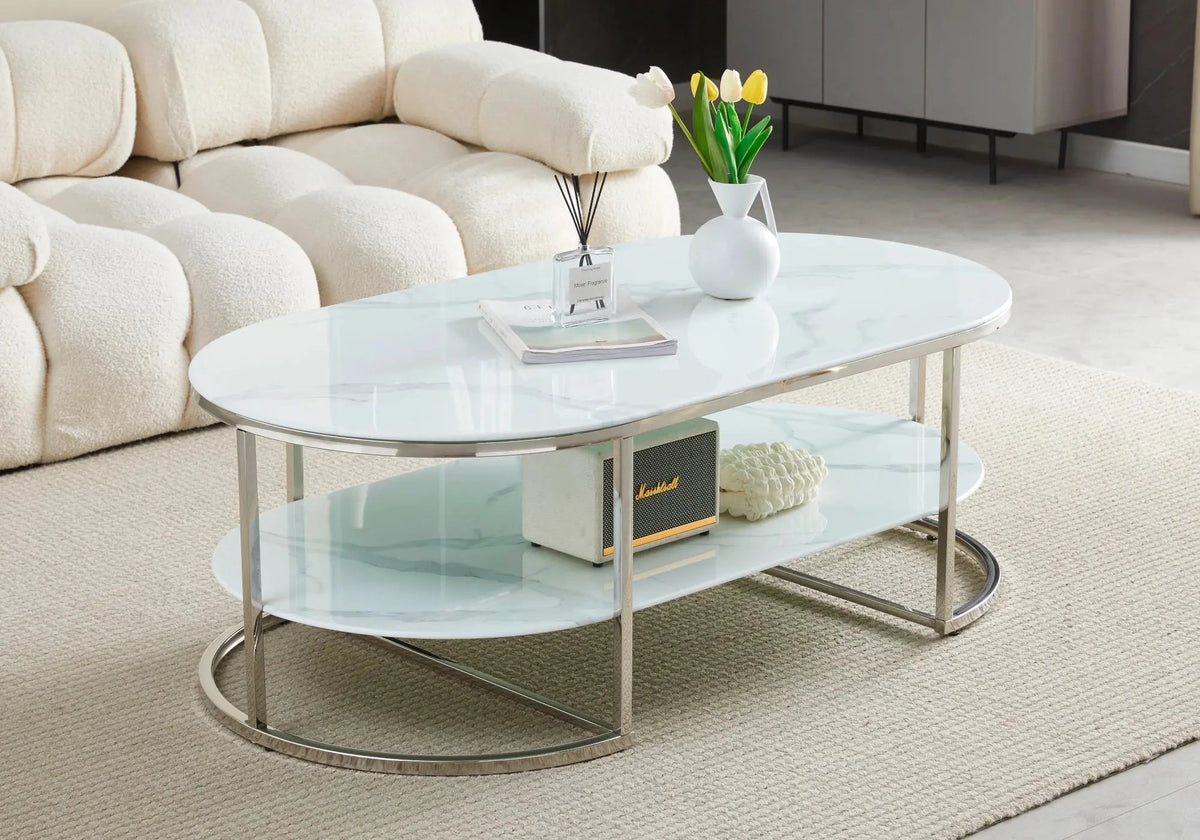 Table basse ovale moderne marbre blanc et argent | Zyro