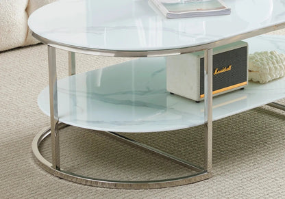 Table basse ovale moderne marbre blanc et argent | Zyro