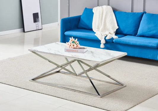 Table basse argentée verre effet marbre blanc | Kaelo