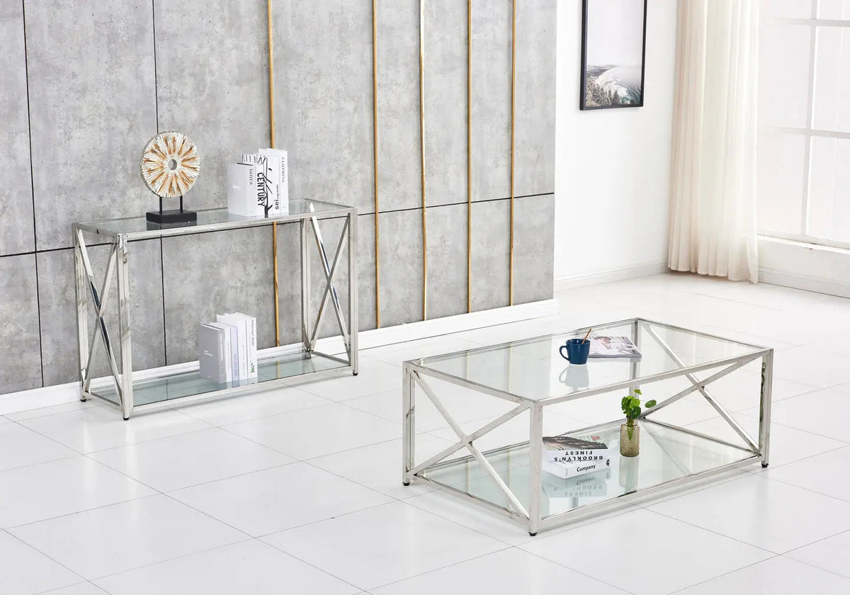 Table basse double plateau verre trempé argent | Nexa