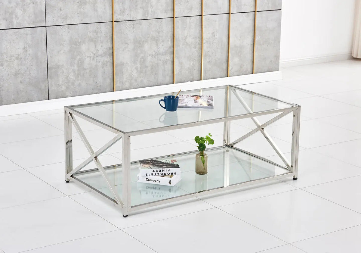 Table basse double plateau verre trempé argent | Nexa