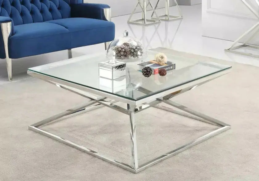 Table basse carrée argentée verre trempé | Kaelo