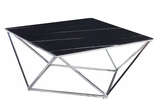 Table basse carrée chrome et effet marbre noir | Zenvia