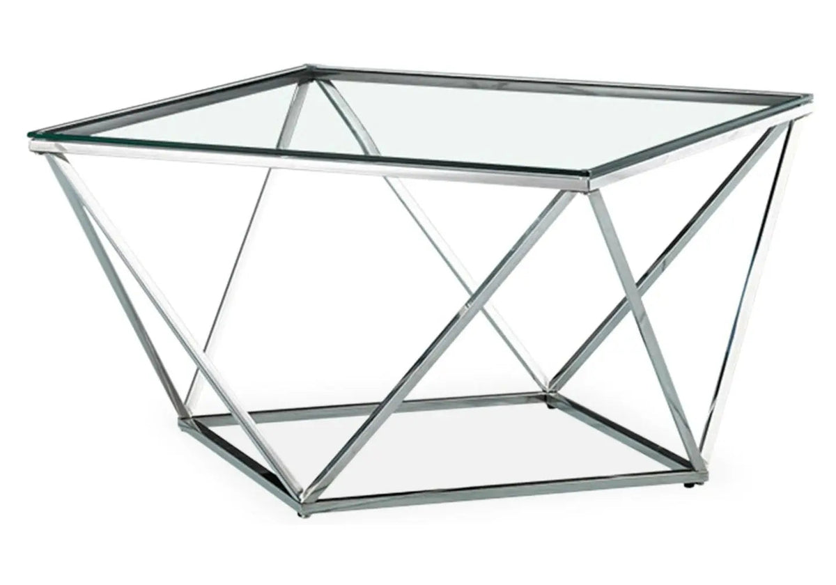 Table basse carrée verre trempé et chrome | Zenvia