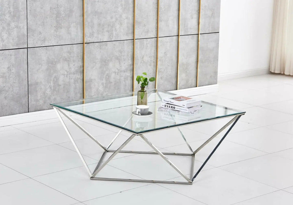 Table basse carrée verre trempé et chrome | Zenvia