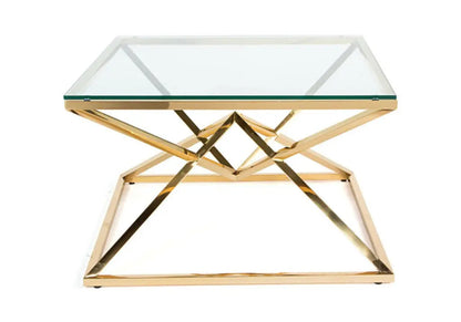 Table basse carrée dorée verre transparent | Kaelo