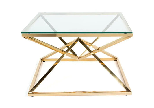 Table basse carrée dorée verre transparent | Kaelo